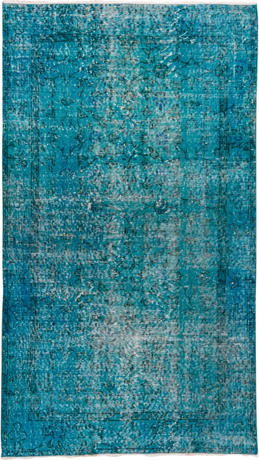3' x 6' one-of-a-kind handmade vintage Overdyed small size rug. Color palette: turquoise, teal, aqua, ivory, charcoal, gray