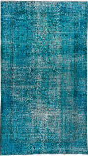 3' x 6' one-of-a-kind handmade vintage Overdyed small size rug. Color palette: turquoise, teal, aqua, ivory, charcoal, gray