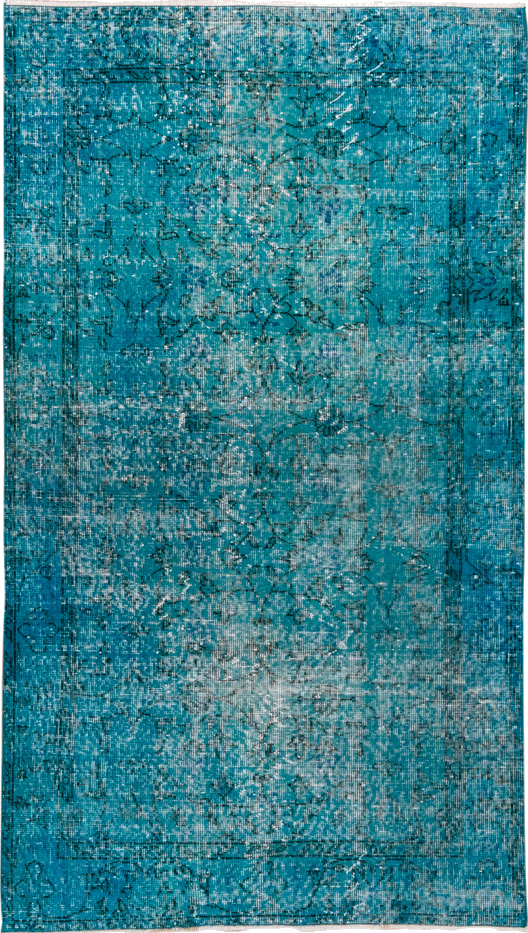 3' x 6' one-of-a-kind handmade vintage Overdyed small size rug. Color palette: blue, dark slate gray, gray, green