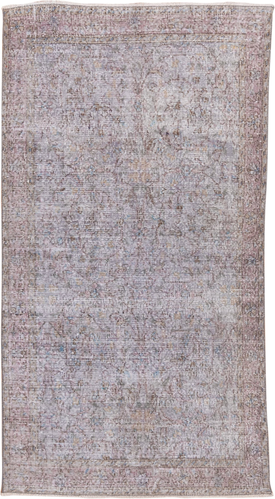 3' x 7' one-of-a-kind handmade vintage Overdyed rug. Color palette: blush, taupe, ivory, dusty rose, beige, pale blue, pink