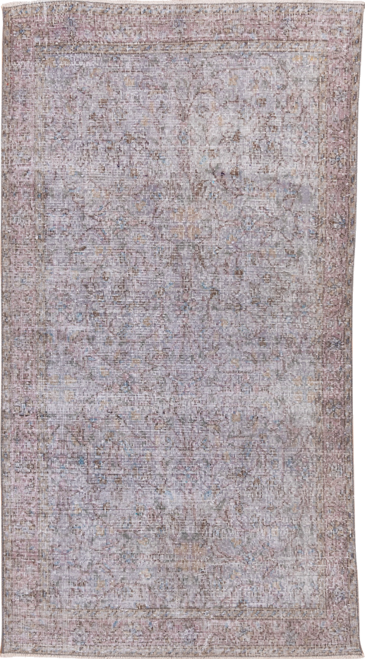 3' x 7' one-of-a-kind handmade vintage Overdyed rug. Color palette: dim gray, gray, light gray, off-white, silver