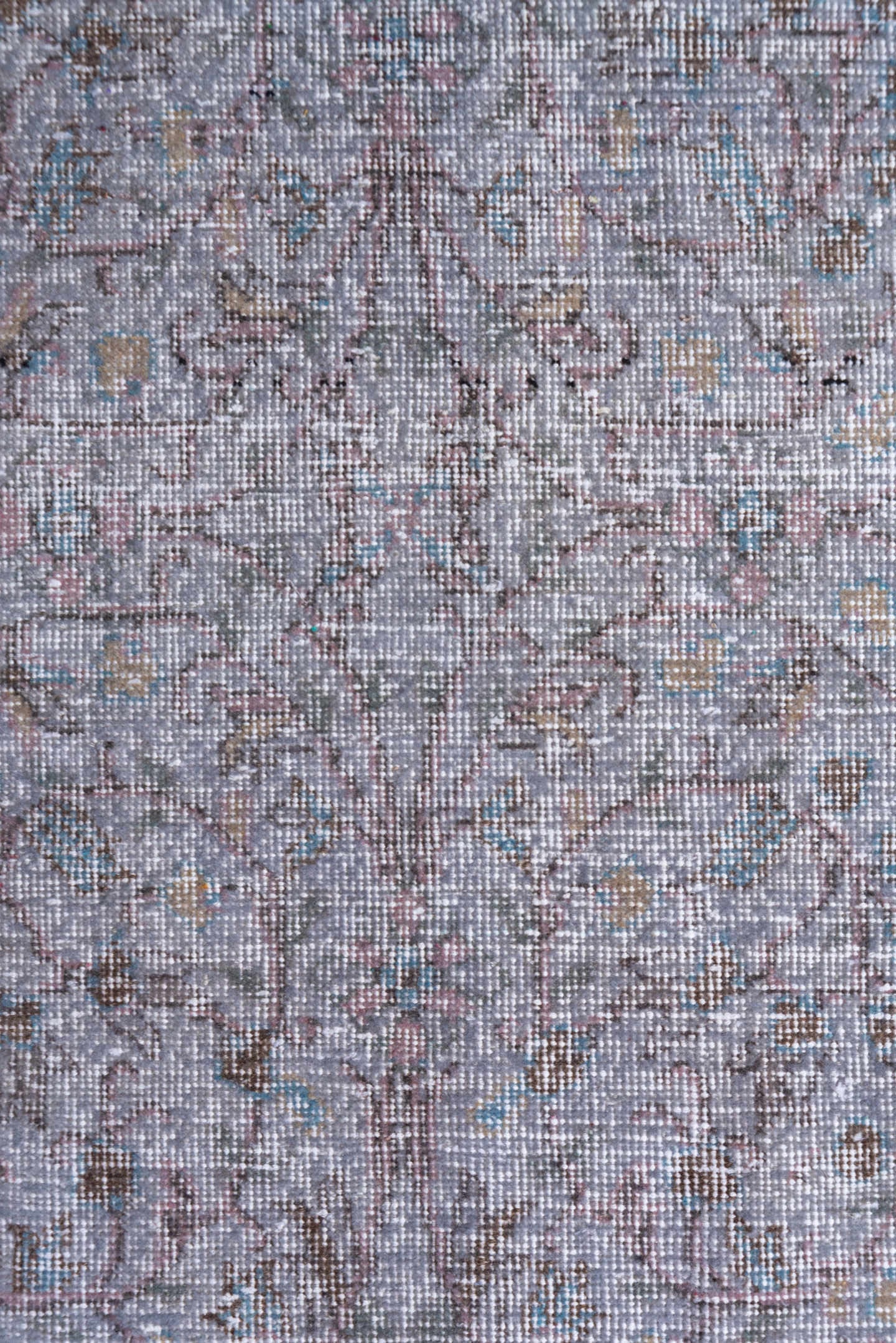 3' x 7' one-of-a-kind handmade vintage Overdyed rug. Color palette: blush, taupe, ivory, dusty rose, beige, pale blue, pink