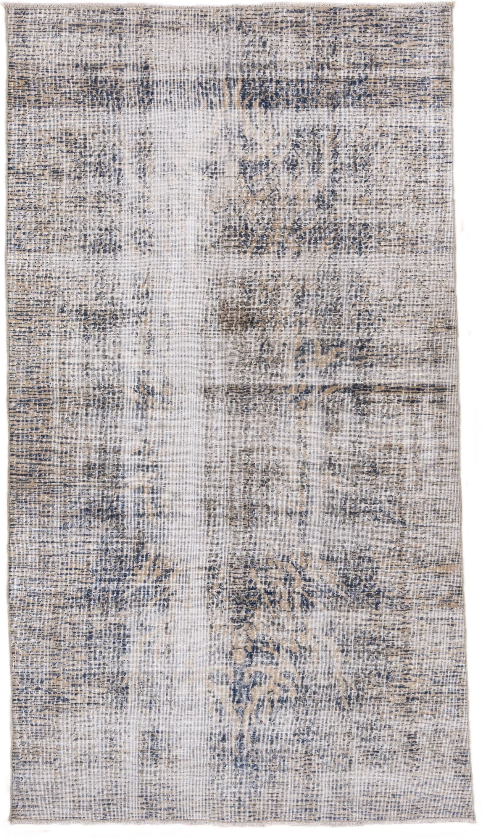4' x 8' one-of-a-kind handmade vintage Oushak rug. Color palette: ivory, blue, taupe, beige, slate, gray