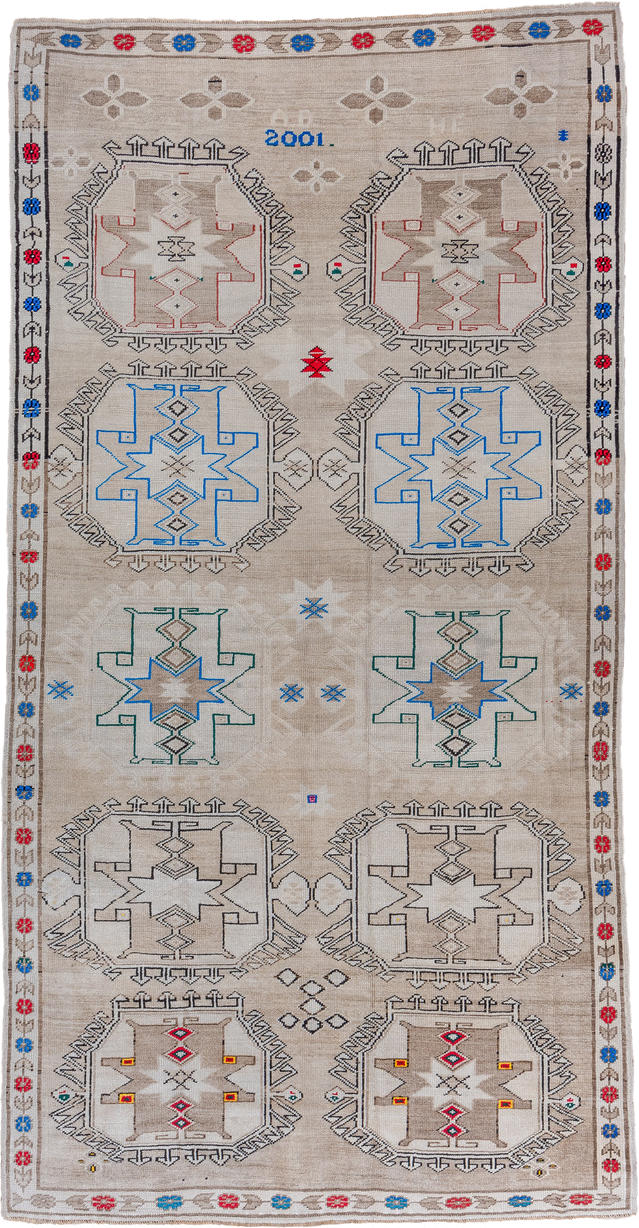 6' x 13' one-of-a-kind handmade vintage Kars large size rug. Color palette: ivory, taupe, cobalt, red, teal, charcoal