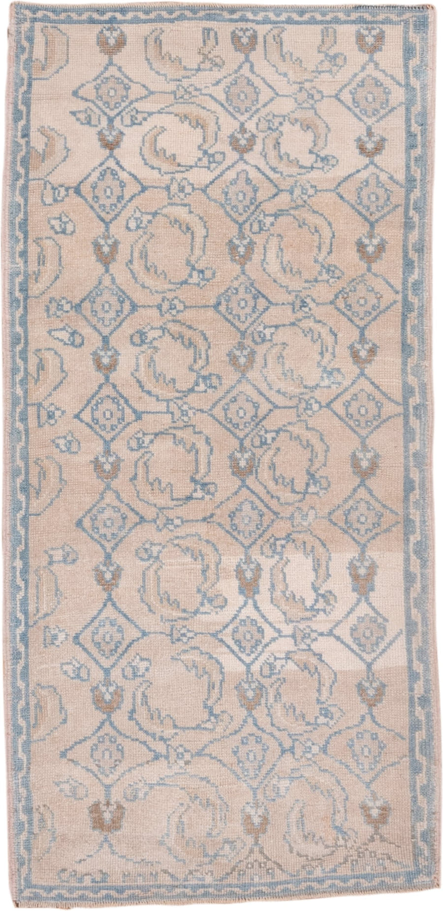 3' x 6' one-of-a-kind handmade vintage Oushak runner rug. Color palette: ivory, pale blue, beige, taupe, camel, light blue