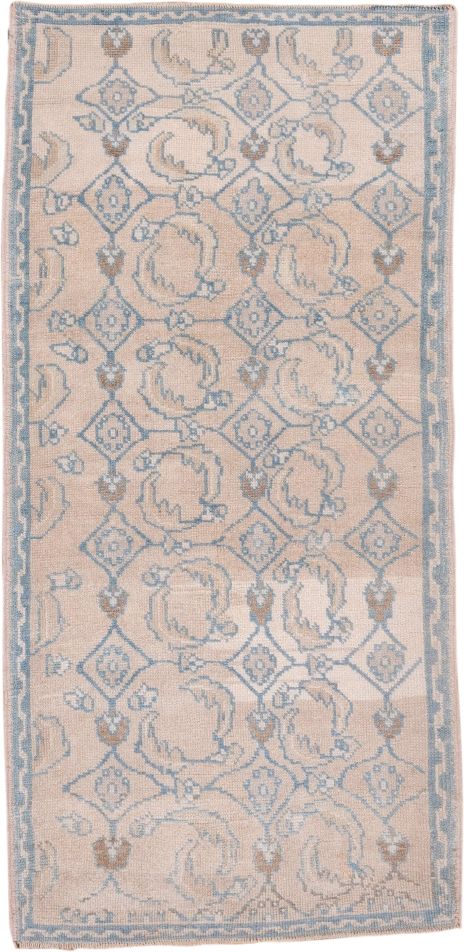 3' x 6' one-of-a-kind handmade vintage Oushak runner rug. Color palette: ivory, pale blue, beige, taupe, camel, light blue