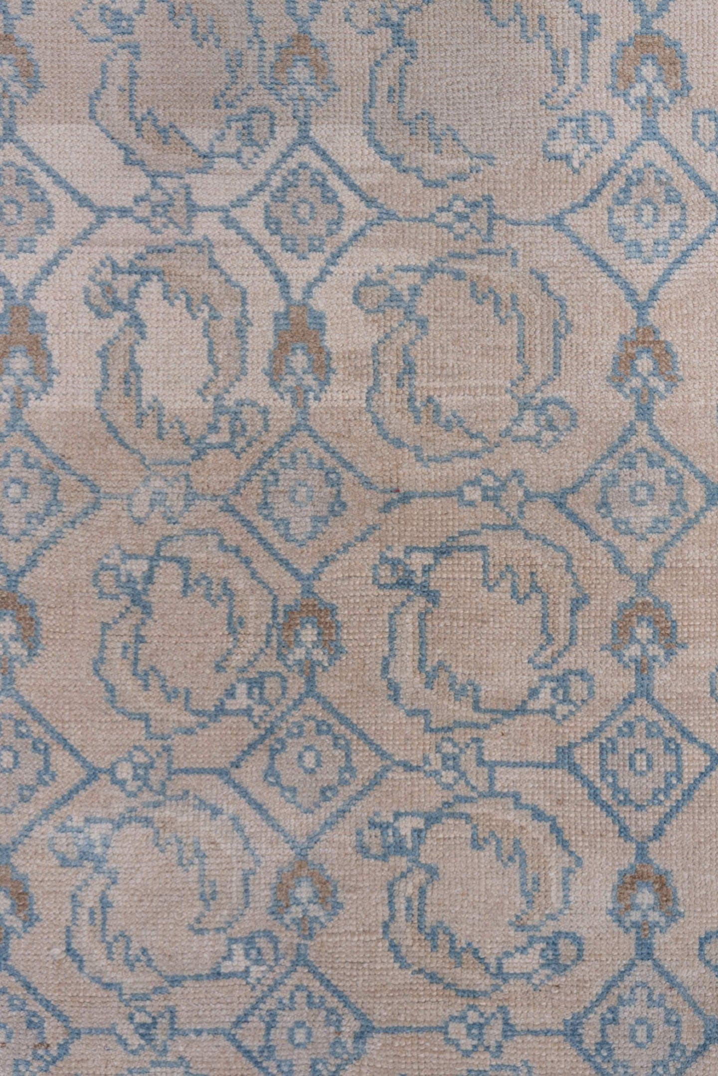 3' x 6' one-of-a-kind handmade vintage Oushak runner rug. Color palette: ivory, pale blue, beige, taupe, camel, light blue