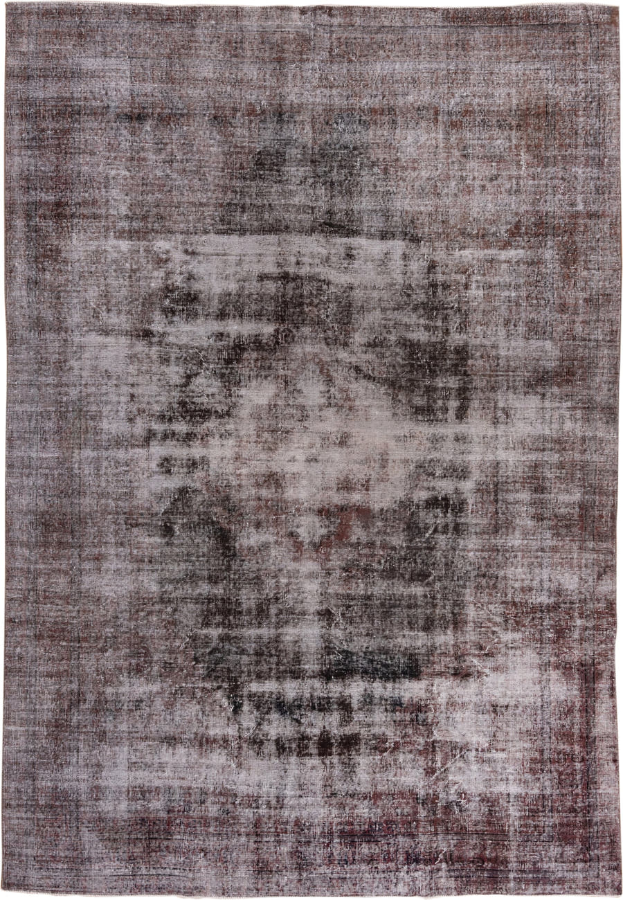 7' x 10' one-of-a-kind handmade vintage Overdyed large size rug. Color palette: taupe, rose, ivory, charcoal, burgundy