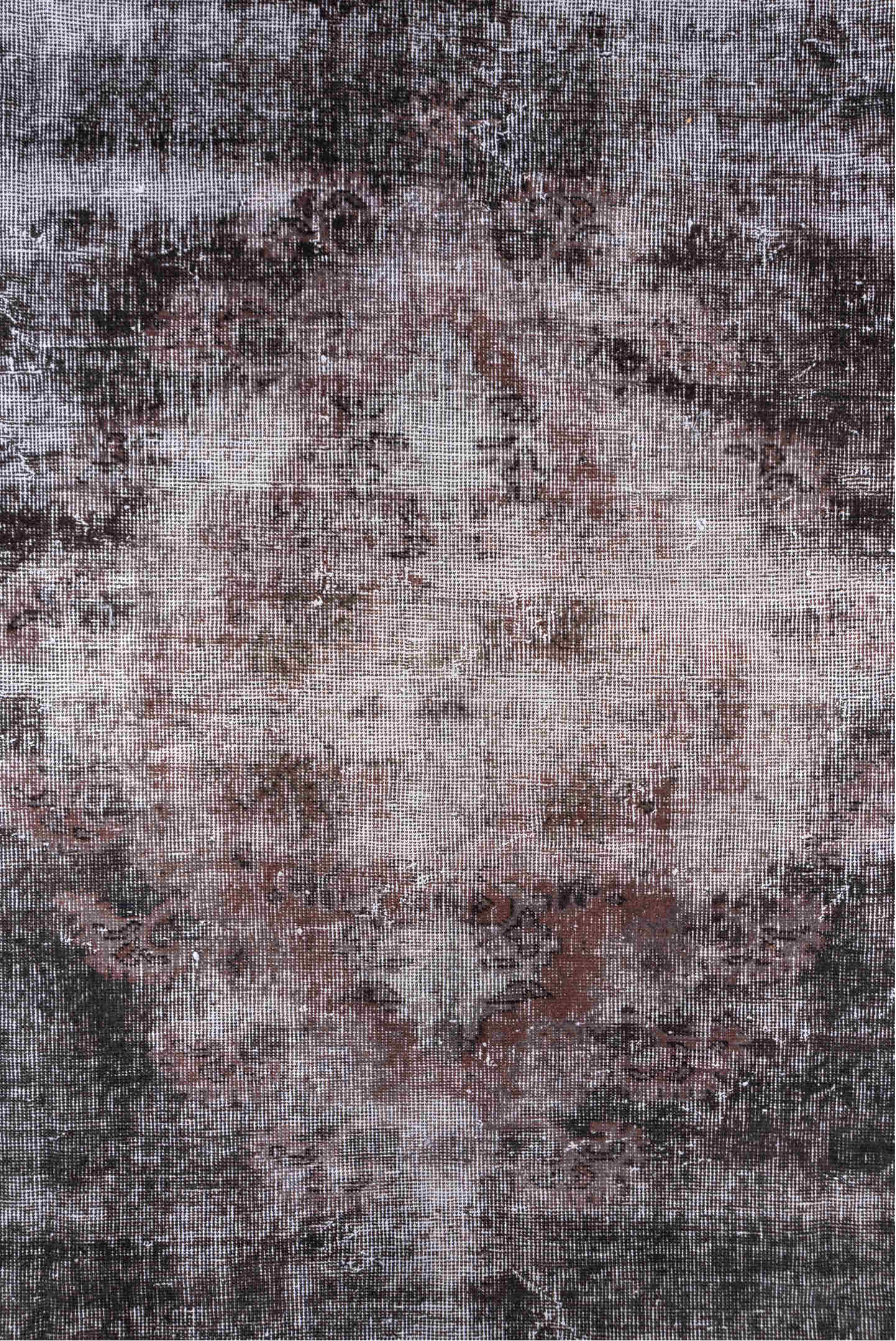 7' x 10' one-of-a-kind handmade vintage Overdyed large size rug. Color palette: black, brown, charcoal, dark gray, gainsboro