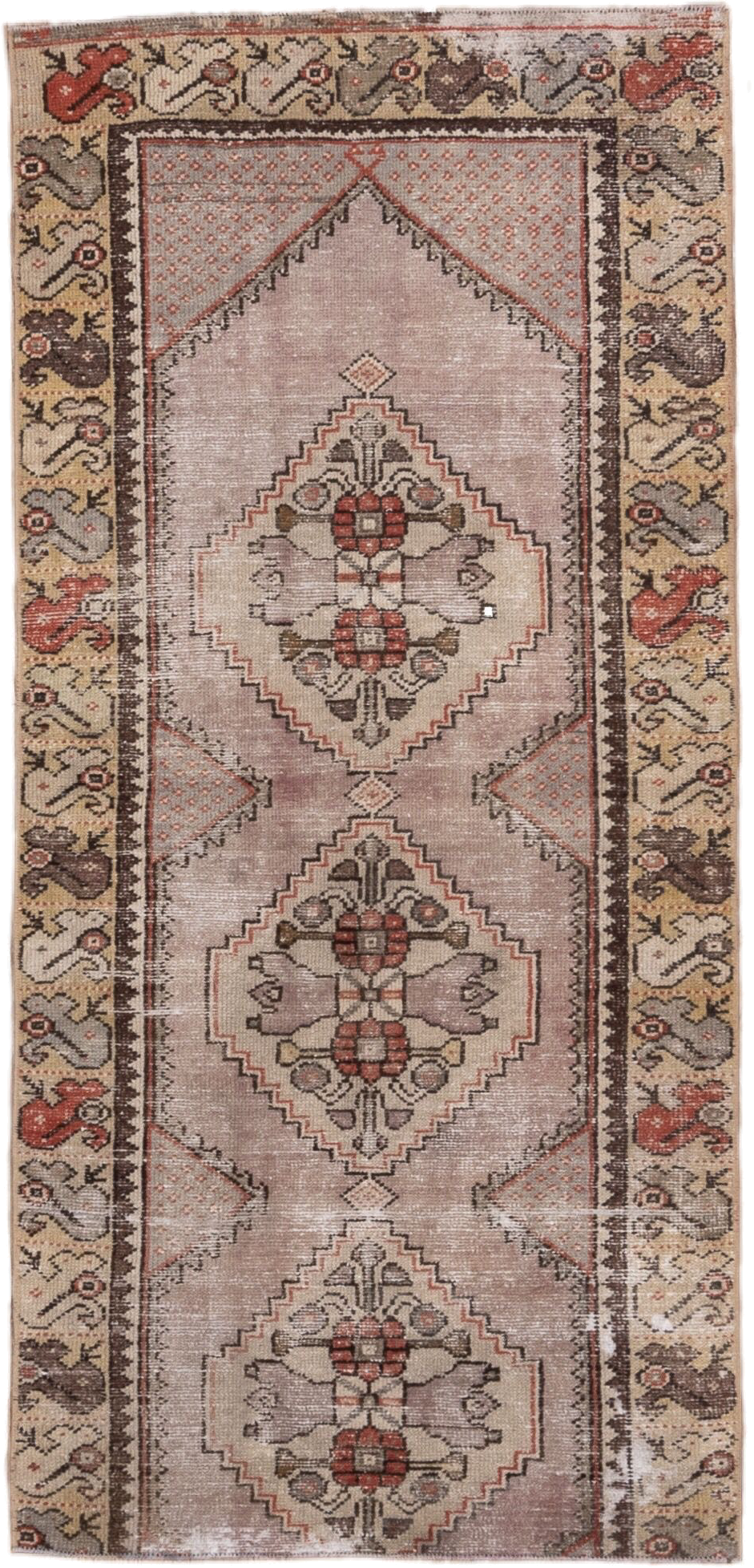 2' x 6' one-of-a-kind handmade vintage Oushak runner rug. Color palette: taupe, ivory, rust, brown, gray, rose, beige