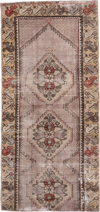 2' x 6' one-of-a-kind handmade vintage Oushak runner rug. Color palette: brown, gray, light gray, pink