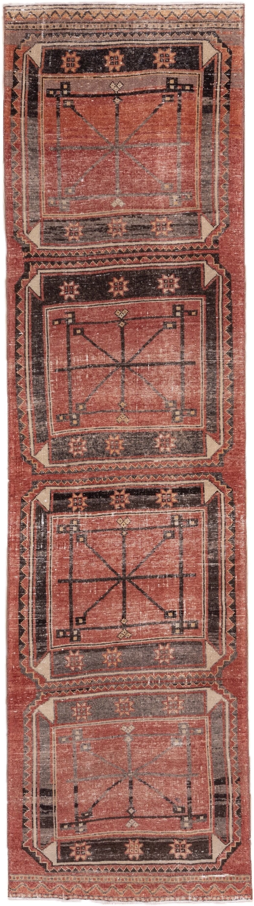 3' x 11' one-of-a-kind handmade vintage Oushak runner rug. Color palette: terra cotta, charcoal, ivory, rose, taupe, brown