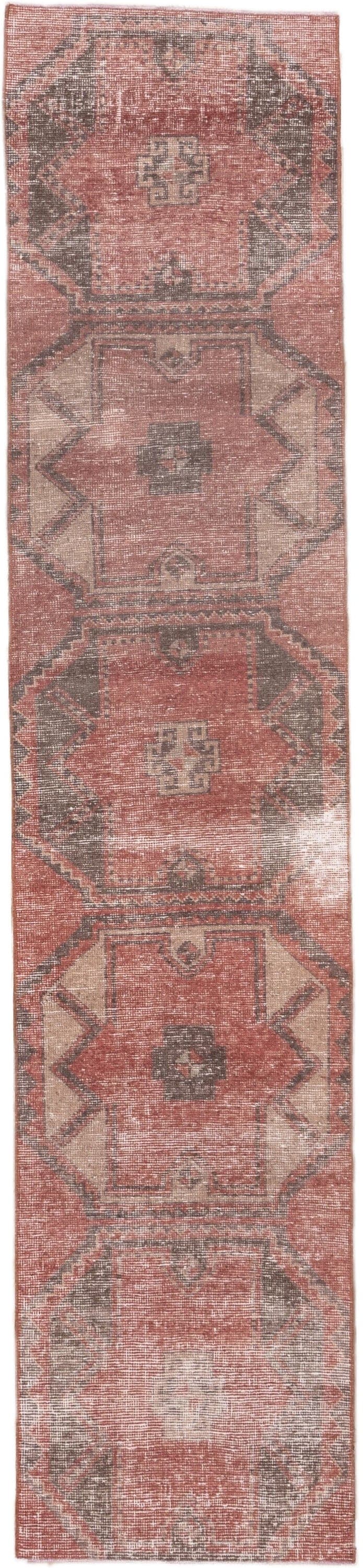 2' x 10' one-of-a-kind handmade vintage Oushak runner rug. Color palette: rose, charcoal, ivory, taupe, terracotta, pink