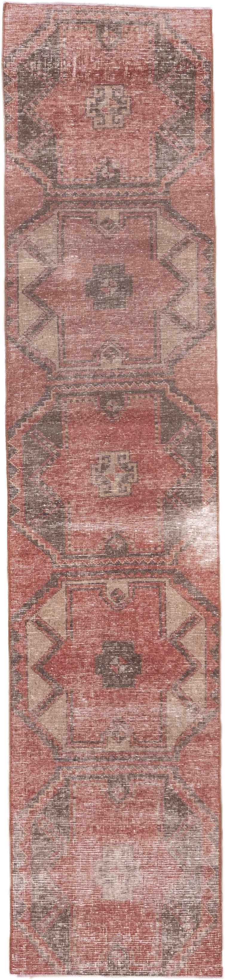 2' x 10' one-of-a-kind handmade vintage Oushak runner rug. Color palette: rose, charcoal, ivory, taupe, terracotta, pink