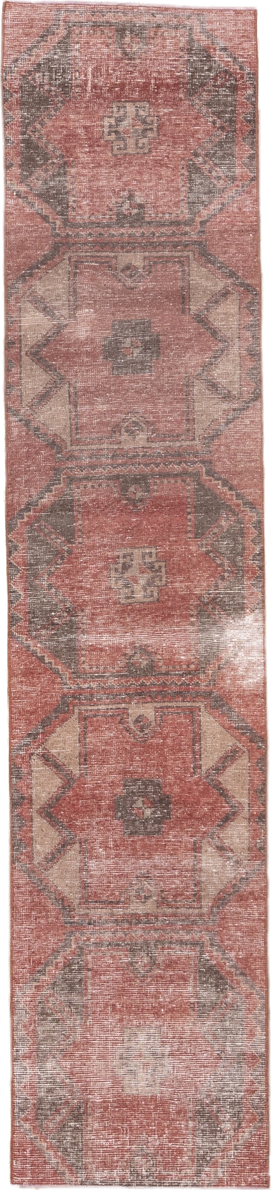 2' x 10' one-of-a-kind handmade vintage Oushak runner rug. Color palette: brown, gray, light gray, off-white, pink, red