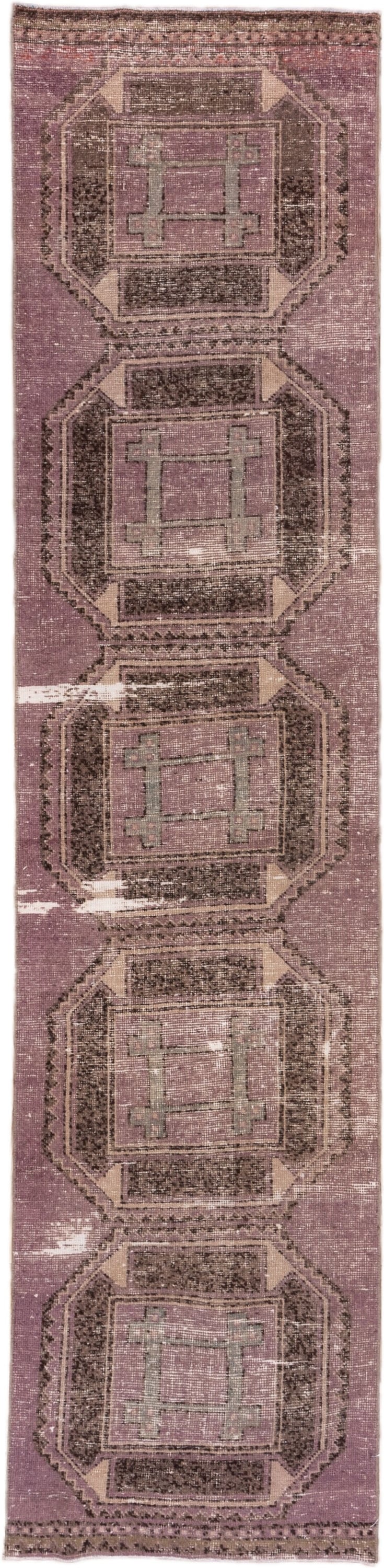 2' x 11' one-of-a-kind handmade vintage Oushak runner rug. Color palette: dusty rose, taupe, brown, mauve, beige, ivory