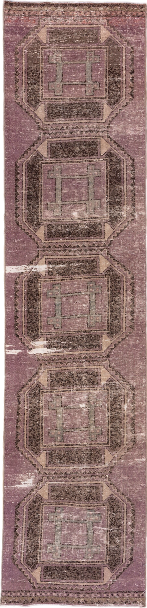 2' x 11' one-of-a-kind handmade vintage Oushak runner rug. Color palette: dusty rose, taupe, brown, mauve, beige, ivory