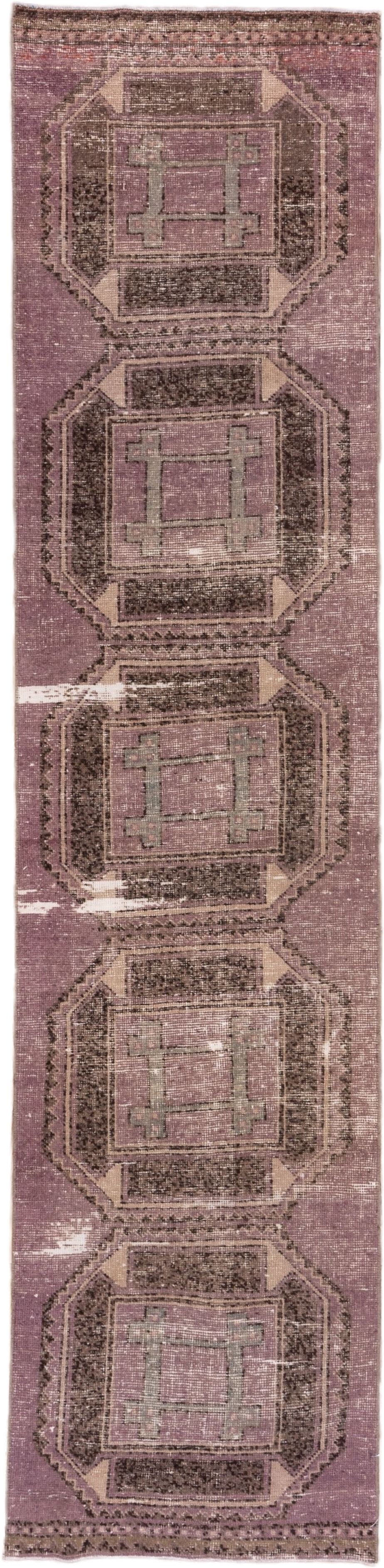 2' x 11' one-of-a-kind handmade vintage Oushak runner rug. Color palette: dusty rose, taupe, brown, mauve, beige, ivory