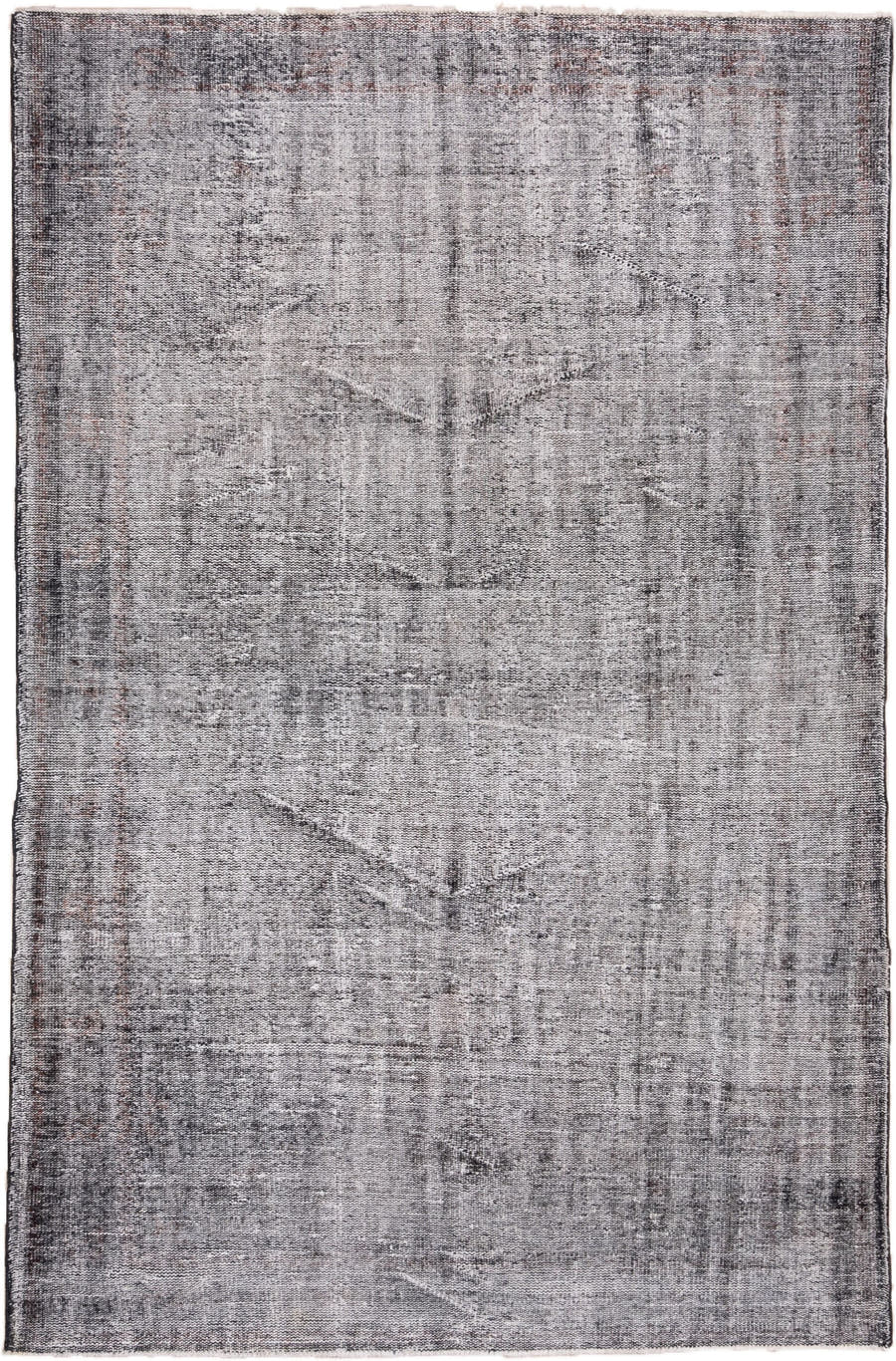 6' x 9' one-of-a-kind handmade vintage Overdyed medium size rug. Color palette: gray, charcoal, ivory, taupe, rose, black