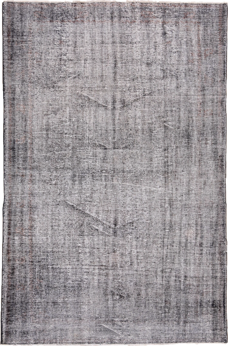 6' x 9' one-of-a-kind handmade vintage Overdyed medium size rug. Color palette: gray, charcoal, ivory, taupe, rose, black