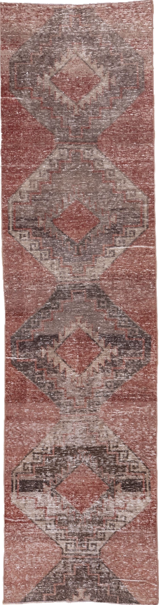 2' x 10' one-of-a-kind handmade vintage Oushak runner rug. Color palette: brown, gray, light gray, off-white, pink, red