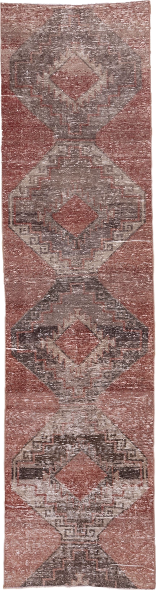 2' x 10' one-of-a-kind handmade vintage Oushak runner rug. Color palette: brown, gray, light gray, off-white, pink, red