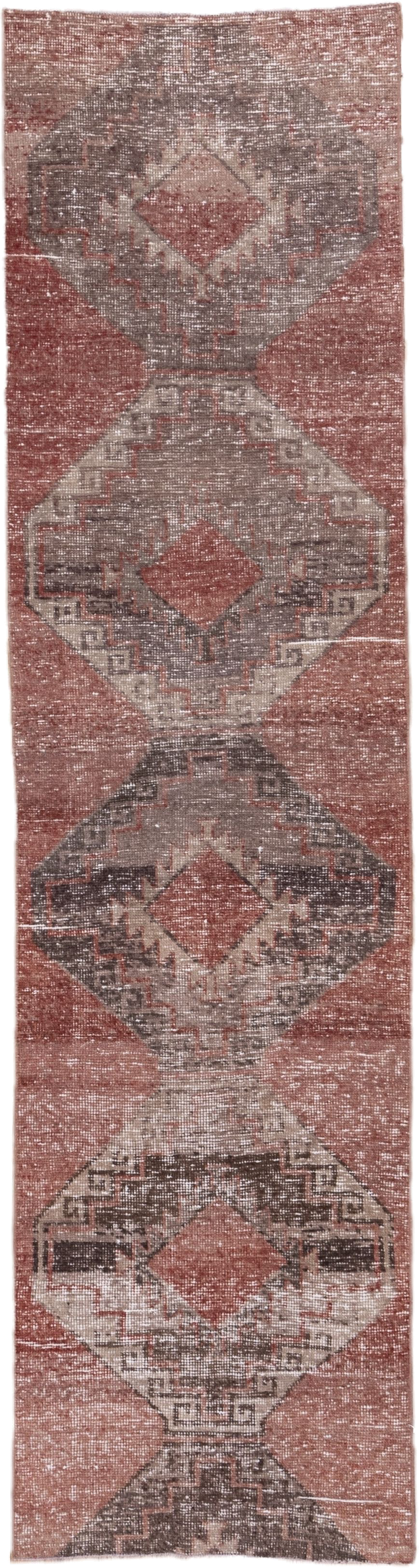 2' x 10' one-of-a-kind handmade vintage Oushak runner rug. Color palette: rose, taupe, charcoal, ivory, dusty pink, pink