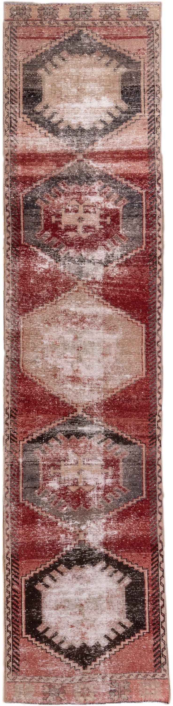 2' x 11' one-of-a-kind handmade vintage Oushak runner rug. Color palette: rust, blush, ivory, charcoal, rose, taupe