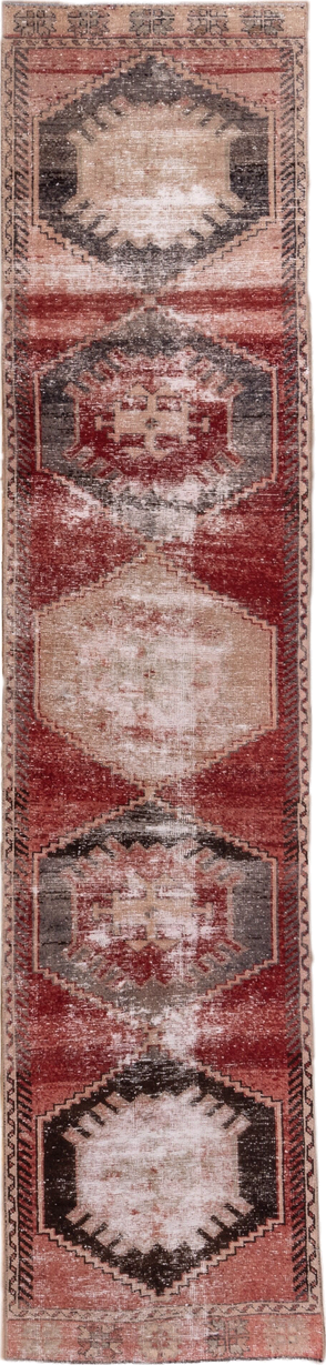 2' x 11' one-of-a-kind handmade vintage Oushak runner rug. Color palette: brown, gray, light gray, pink, red