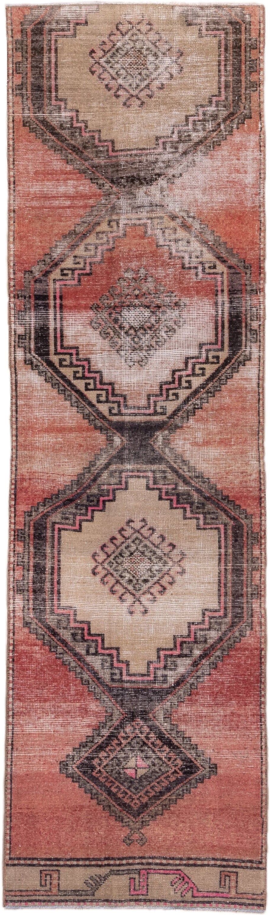 2' x 9' one-of-a-kind handmade vintage Oushak runner rug. Color palette: terra cotta, ivory, charcoal, rose, taupe, burgundy