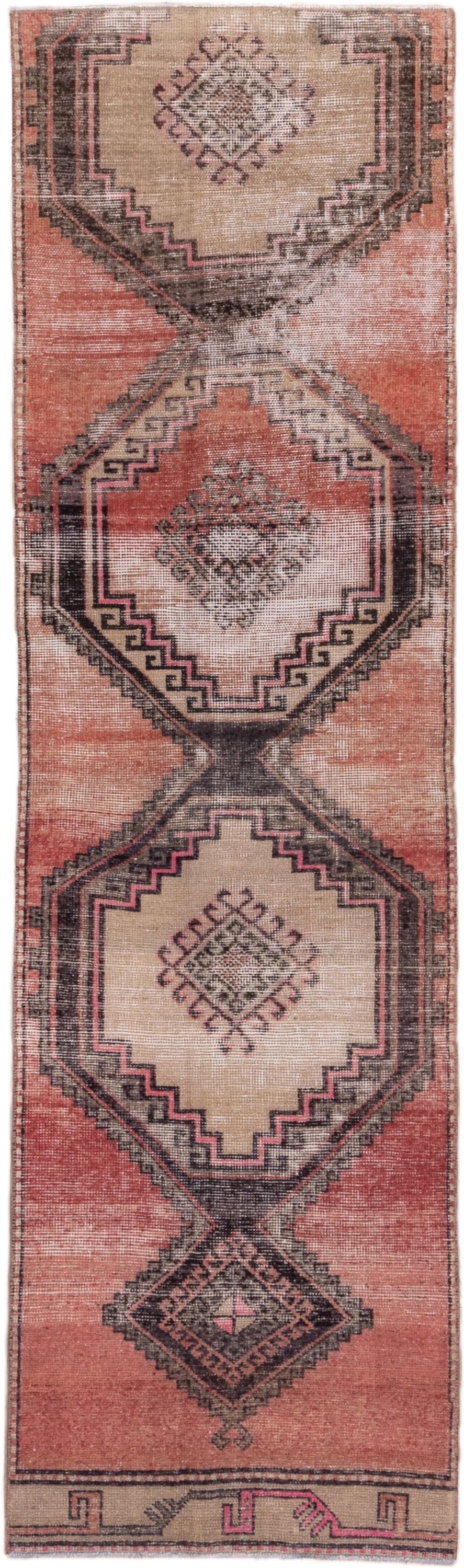 2' x 9' one-of-a-kind handmade vintage Oushak runner rug. Color palette: terra cotta, ivory, charcoal, rose, taupe, burgundy
