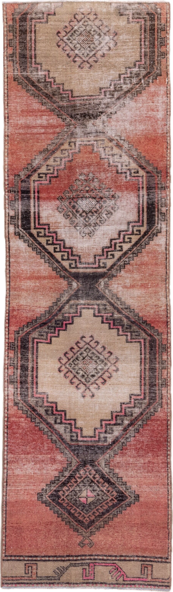 2' x 9' one-of-a-kind handmade vintage Oushak runner rug. Color palette: brown, gray, light gray, pink, red