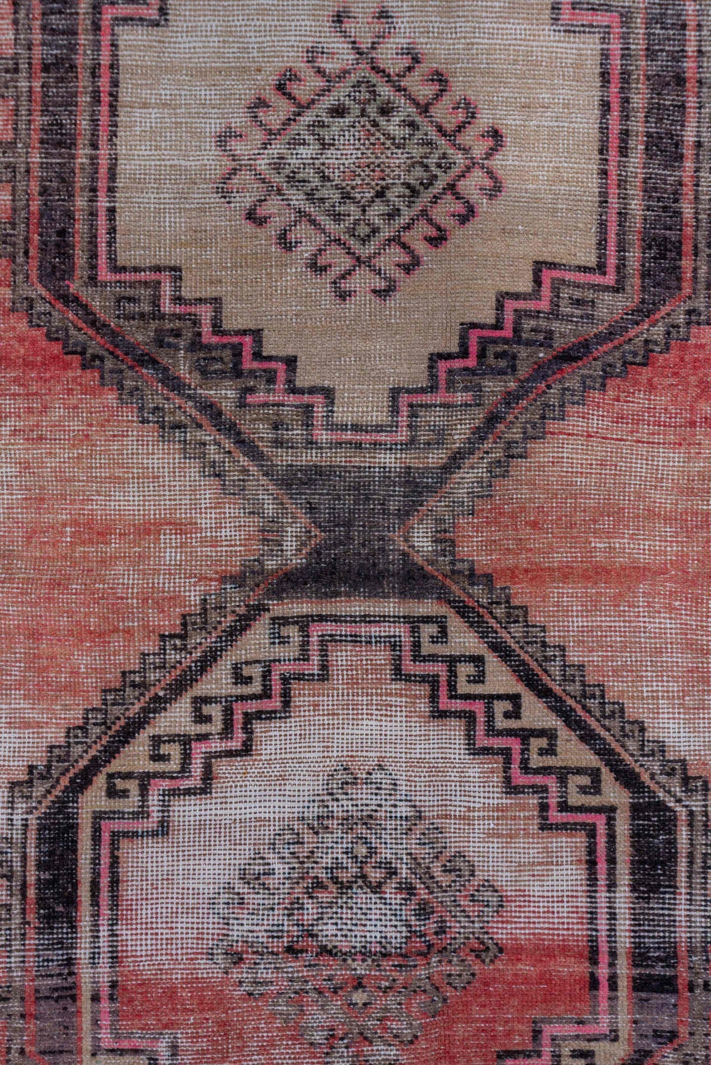 2' x 9' one-of-a-kind handmade vintage Oushak runner rug. Color palette: terra cotta, ivory, charcoal, rose, taupe, burgundy