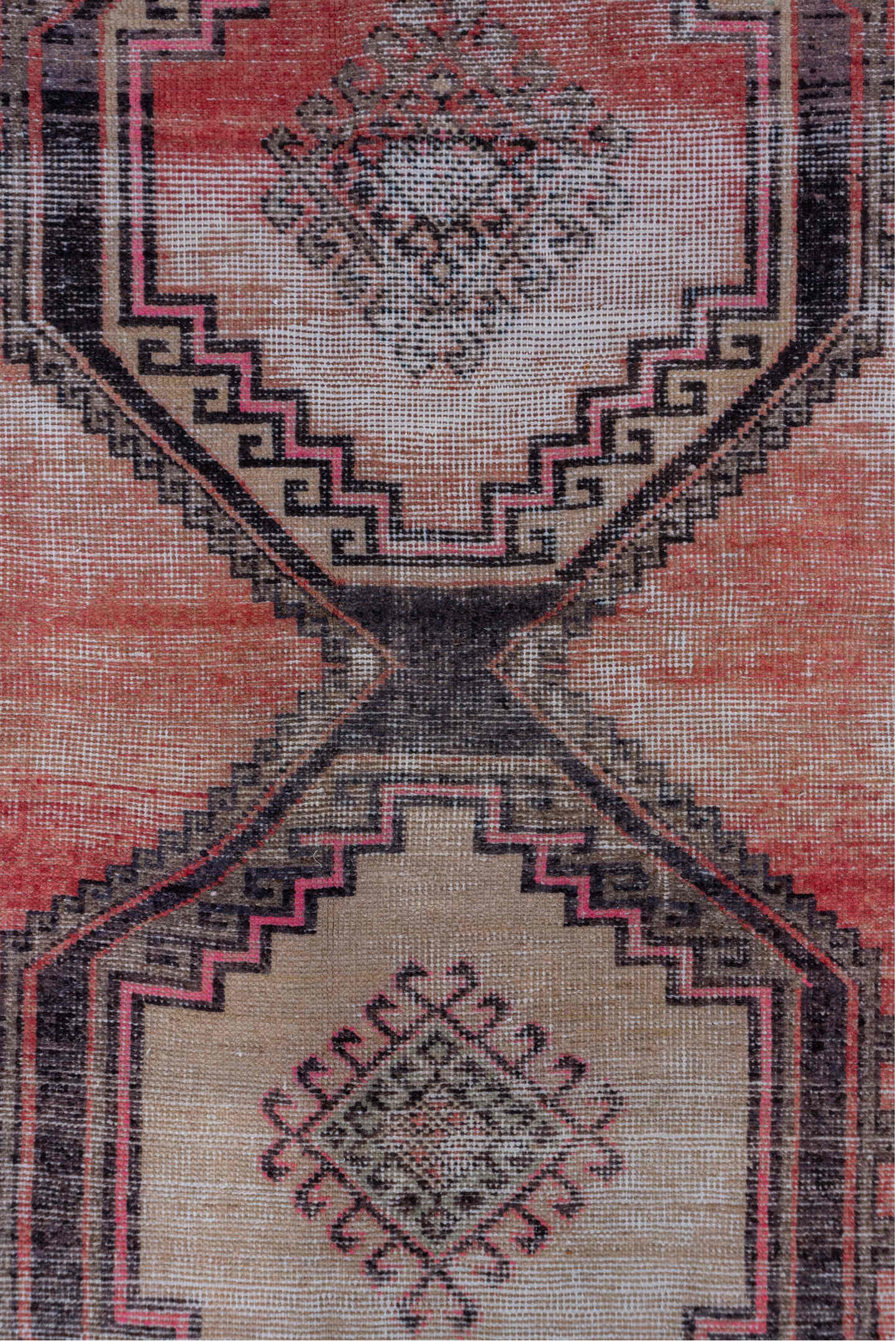 2' x 9' one-of-a-kind handmade vintage Oushak runner rug. Color palette: terra cotta, ivory, charcoal, rose, taupe, burgundy