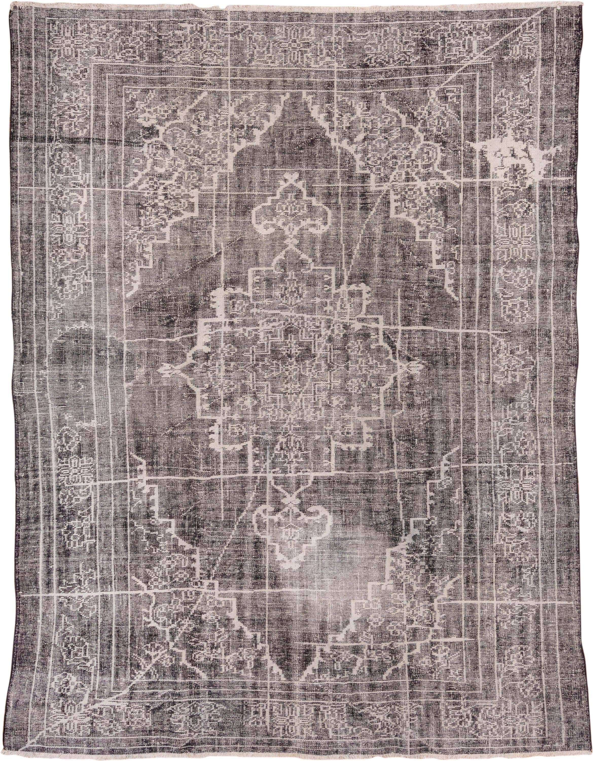 7' x 9' one-of-a-kind handmade vintage Overdyed rug. Color palette: charcoal, ivory, taupe, slate, gray, black, beige