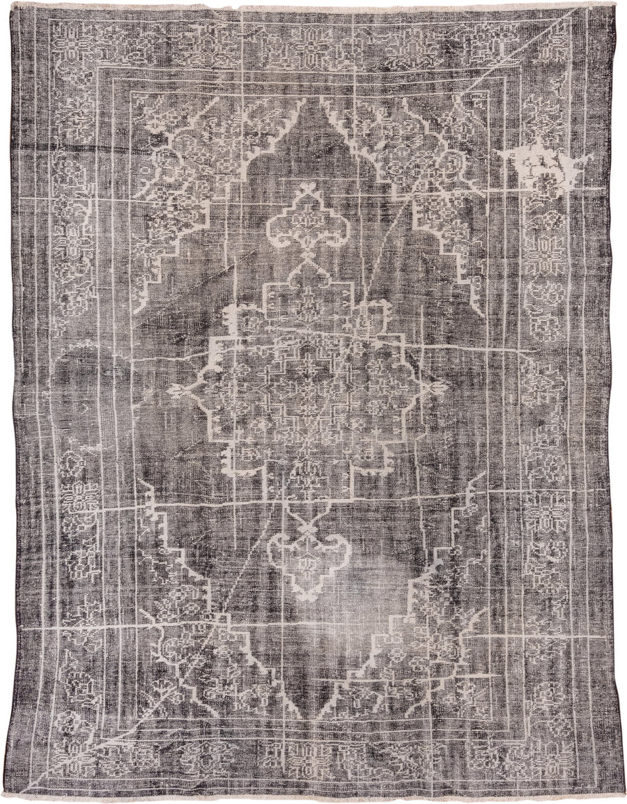 7' x 9' one-of-a-kind handmade vintage Overdyed rug. Color palette: charcoal, ivory, taupe, slate, gray, black, beige