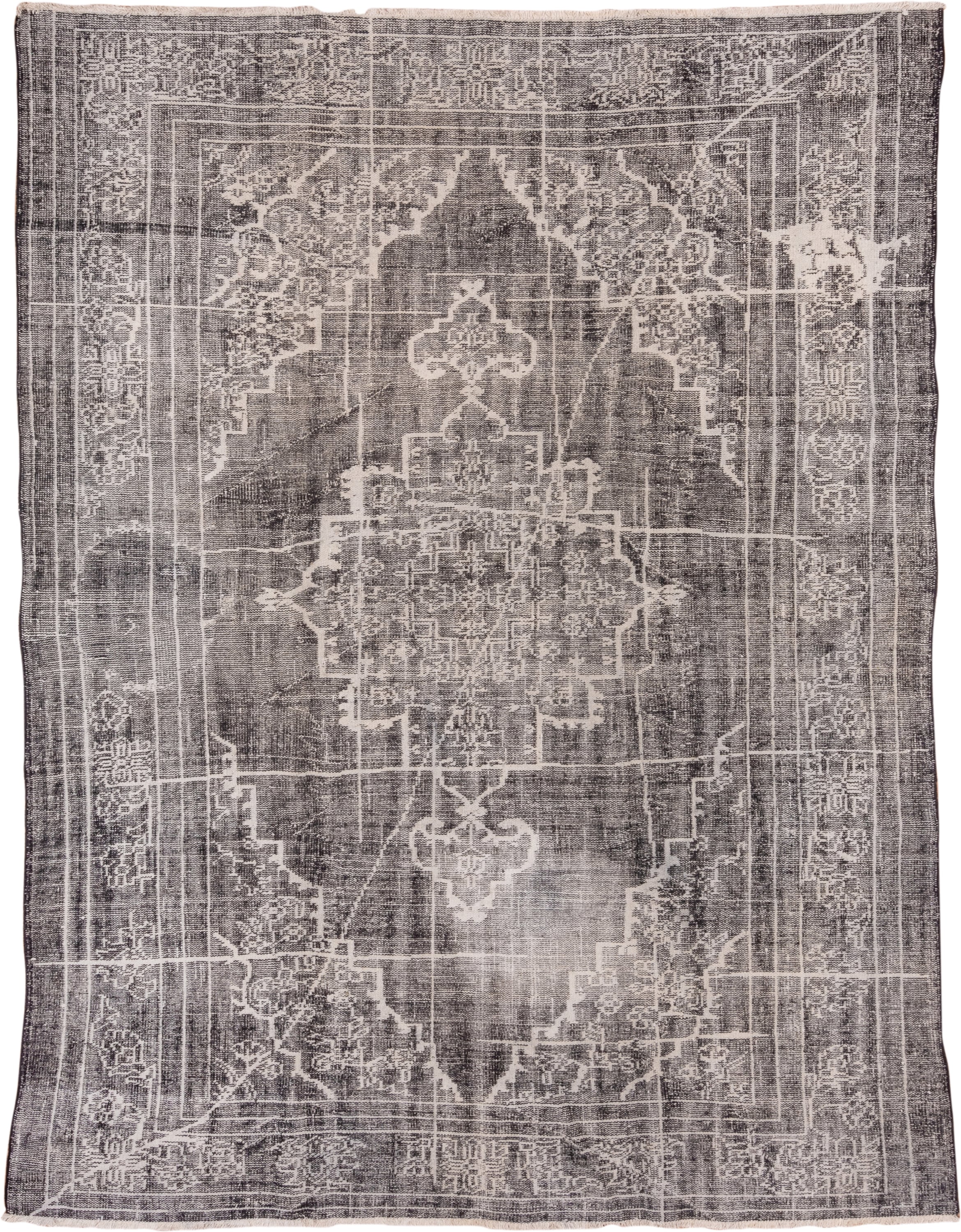 7' x 9' one-of-a-kind handmade vintage Overdyed rug. Color palette: charcoal, ivory, taupe, slate, gray, black, beige