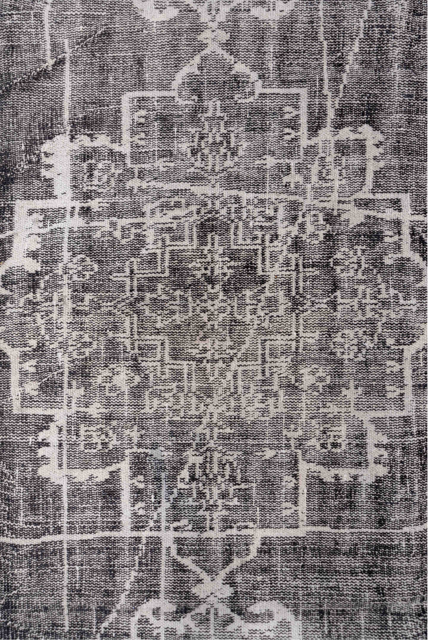7' x 9' one-of-a-kind handmade vintage Overdyed rug. Color palette: black, charcoal, dark gray, gainsboro, gray, light gray
