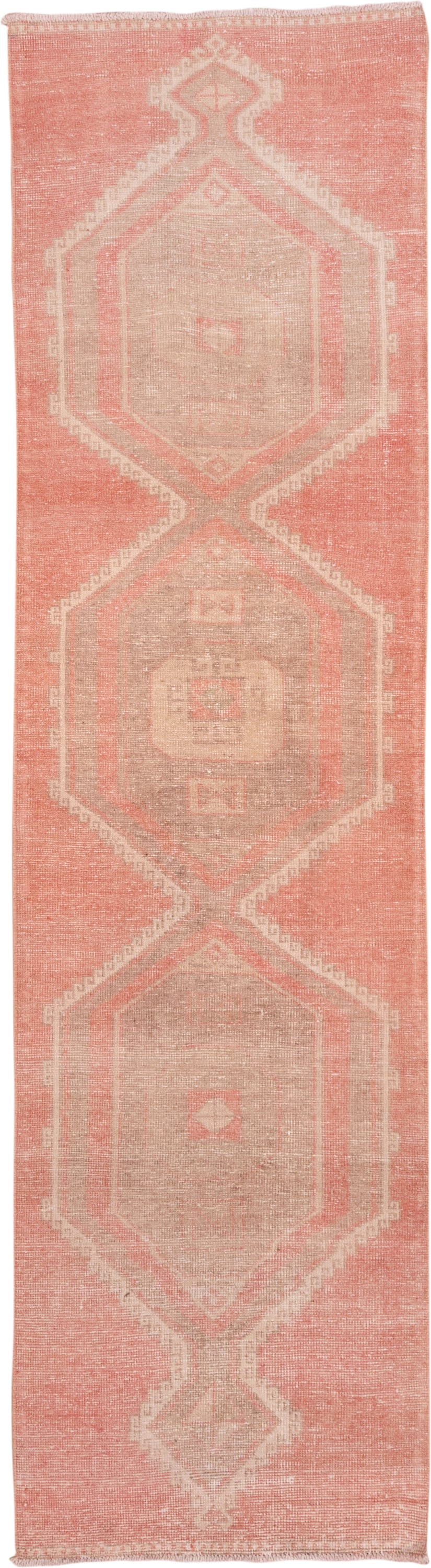 3' x 11' one-of-a-kind handmade vintage Oushak runner rug. Color palette: coral, ivory, taupe, blush, cream, terracotta