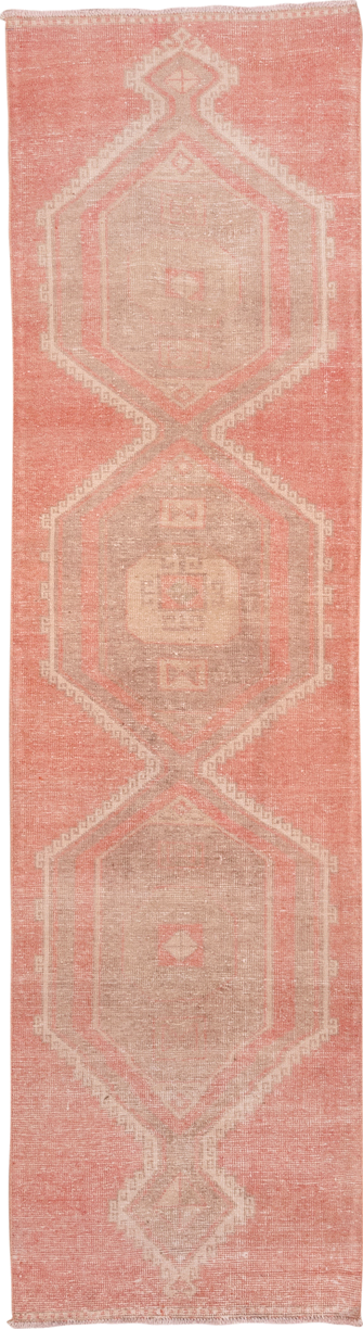 3' x 11' one-of-a-kind handmade vintage Oushak runner rug. Color palette: brown, off-white, orange, pink, snow, white