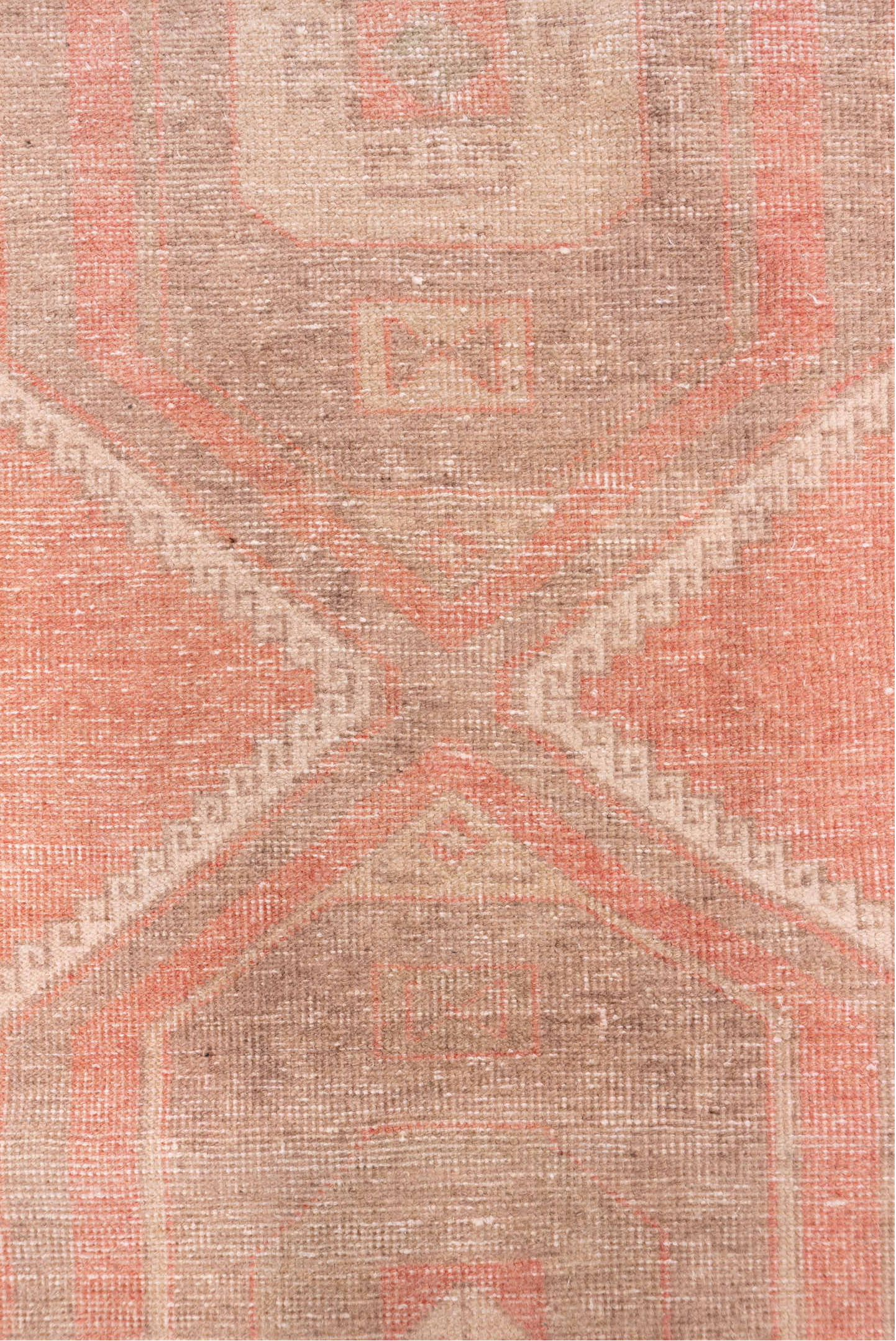 3' x 11' one-of-a-kind handmade vintage Oushak runner rug. Color palette: brown, off-white, orange, pink, snow, white