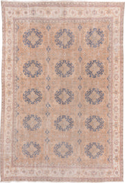 8' x 12' one-of-a-kind handmade vintage Oushak large size rug. Color palette: peach, ivory, slate blue, blush, taupe, camel