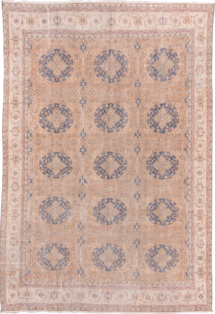8' x 12' one-of-a-kind handmade vintage Oushak large size rug. Color palette: peach, ivory, slate blue, blush, taupe, camel