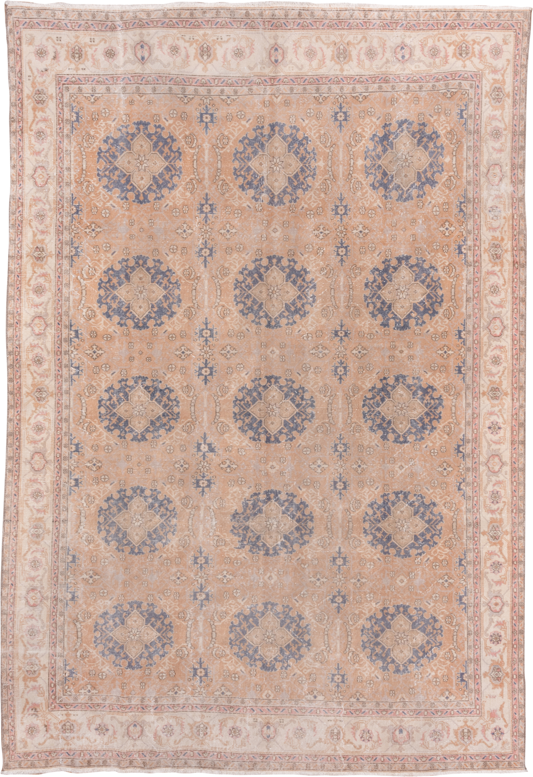 8' x 12' one-of-a-kind handmade vintage Oushak large size rug. Color palette: peach, ivory, slate blue, blush, taupe, camel