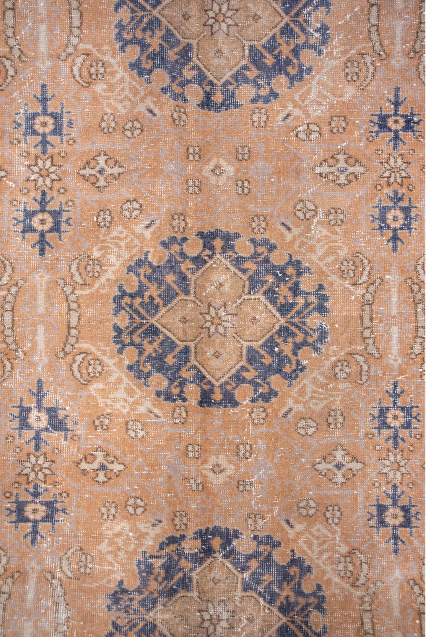 8' x 12' one-of-a-kind handmade vintage Oushak large size rug. Color palette: peach, ivory, slate blue, blush, taupe, camel