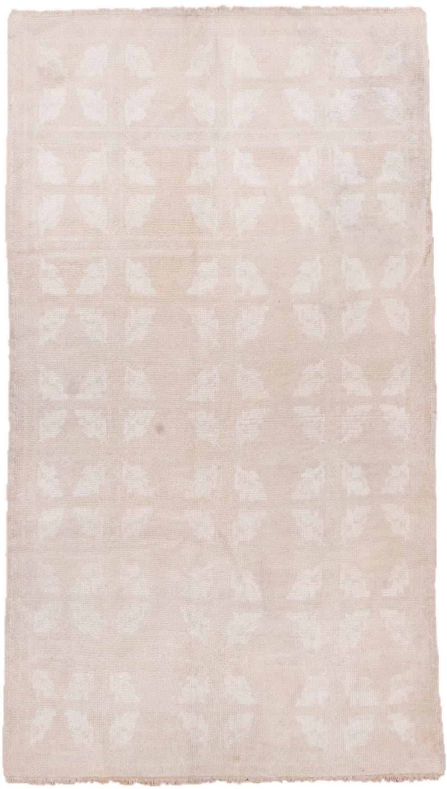3' x 6' one-of-a-kind handmade vintage Oushak small size rug. Color palette: blush, ivory, cream, taupe, pink, beige, gray