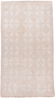 3' x 6' one-of-a-kind handmade vintage Oushak small size rug. Color palette: blush, ivory, cream, taupe, pink, beige, gray