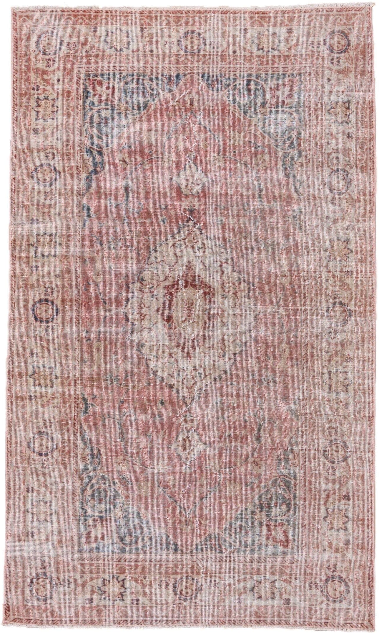 4' x 6' one-of-a-kind handmade vintage Oushak small size rug. Color palette: rose, ivory, dusty blue, blush, gold, taupe