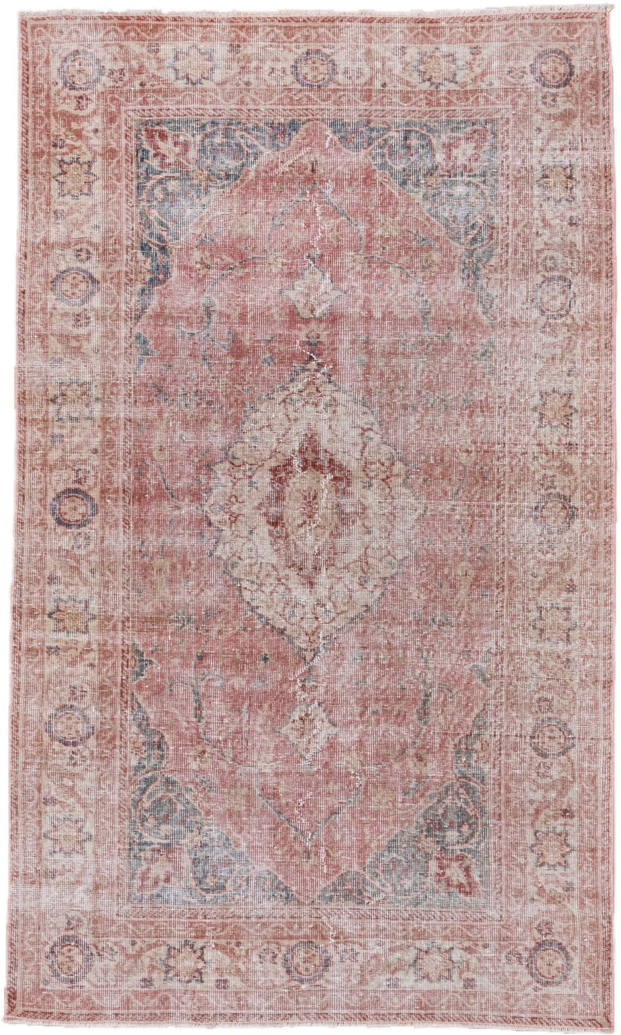 4' x 6' one-of-a-kind handmade vintage Oushak small size rug. Color palette: rose, ivory, dusty blue, blush, gold, taupe