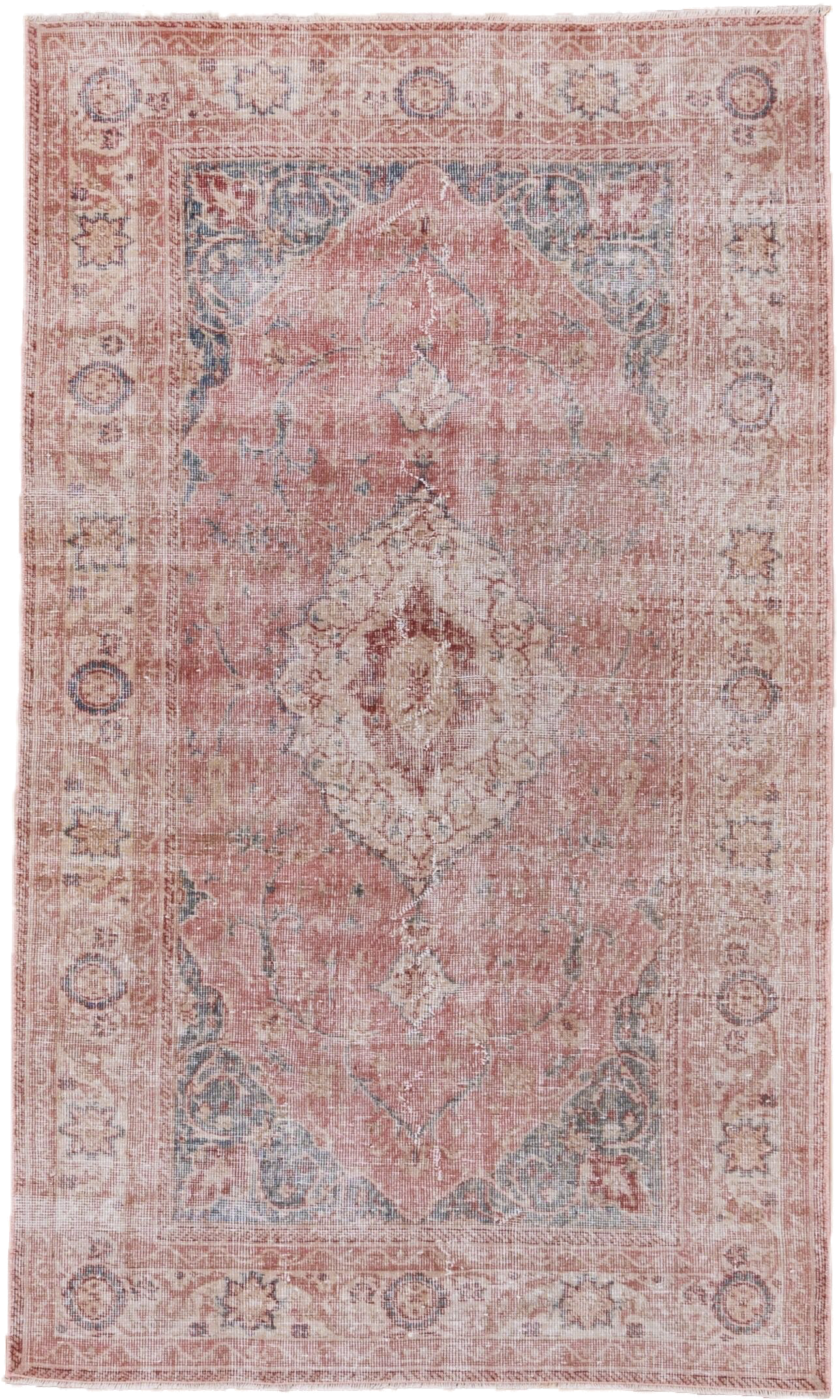 4' x 6' one-of-a-kind handmade vintage Oushak small size rug. Color palette: rose, ivory, dusty blue, blush, gold, taupe